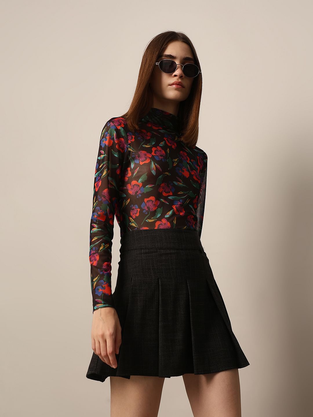 Black Printed Fitted Mesh Top