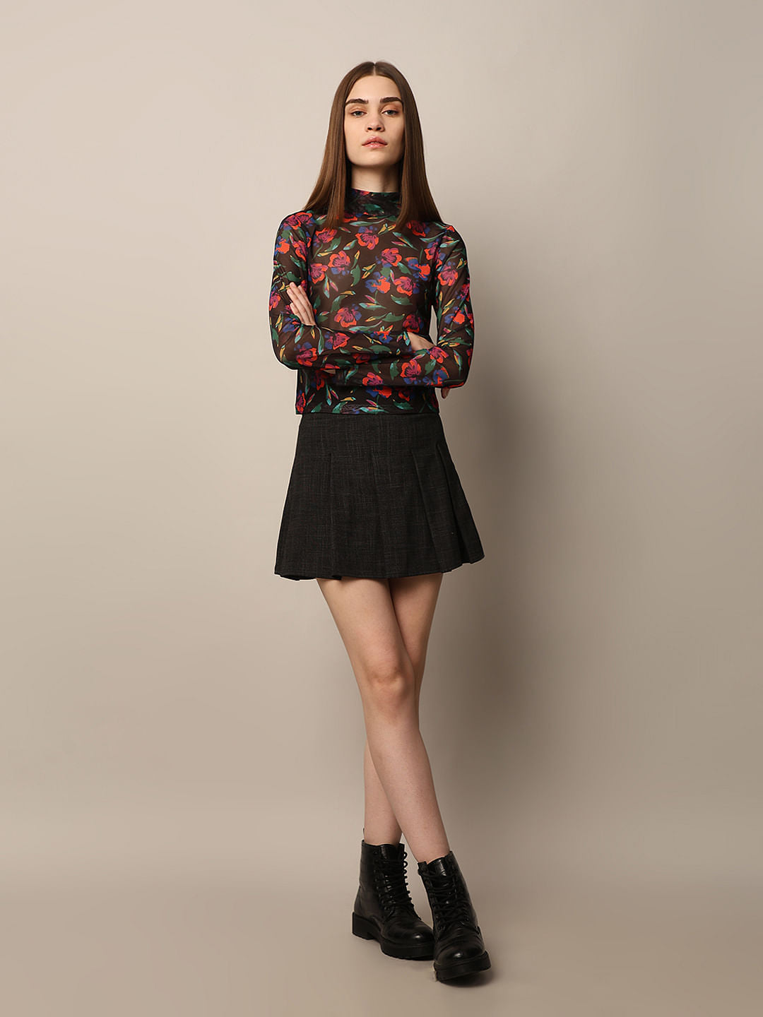 Black Printed Fitted Mesh Top