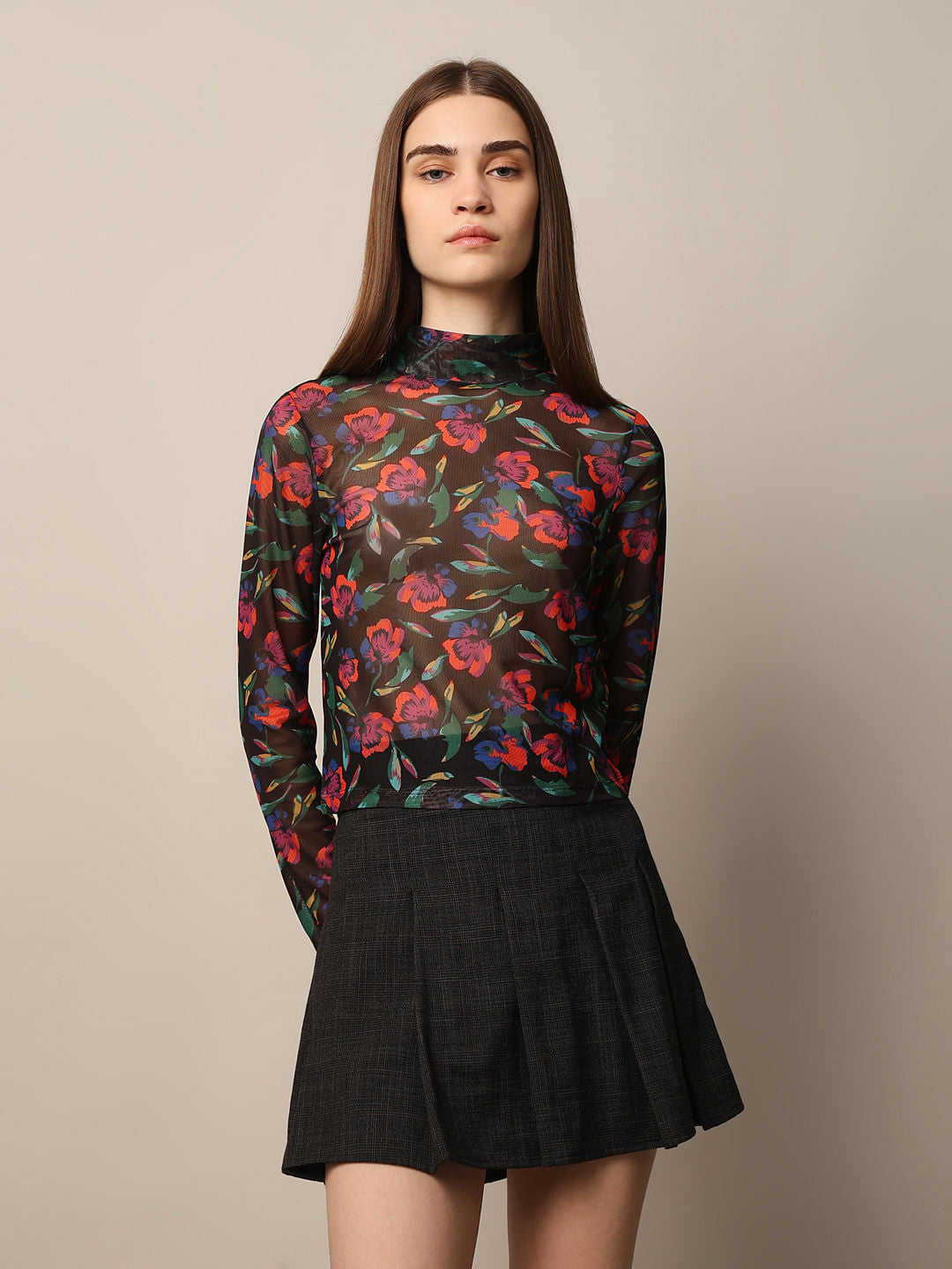 Black Printed Fitted Mesh Top