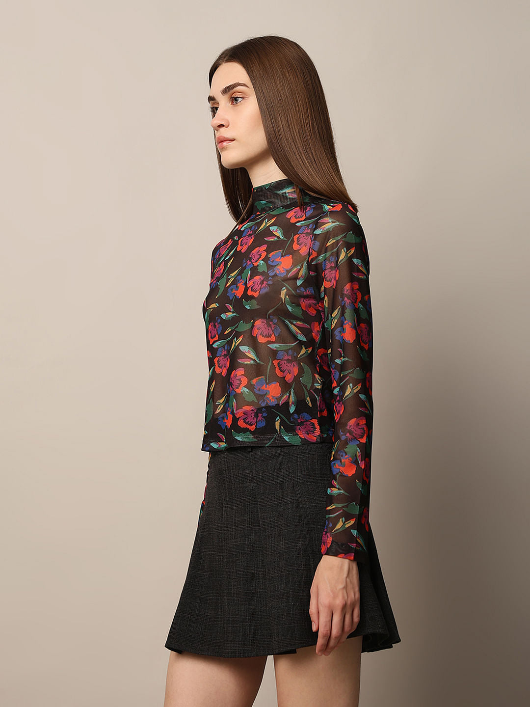 Black Printed Fitted Mesh Top