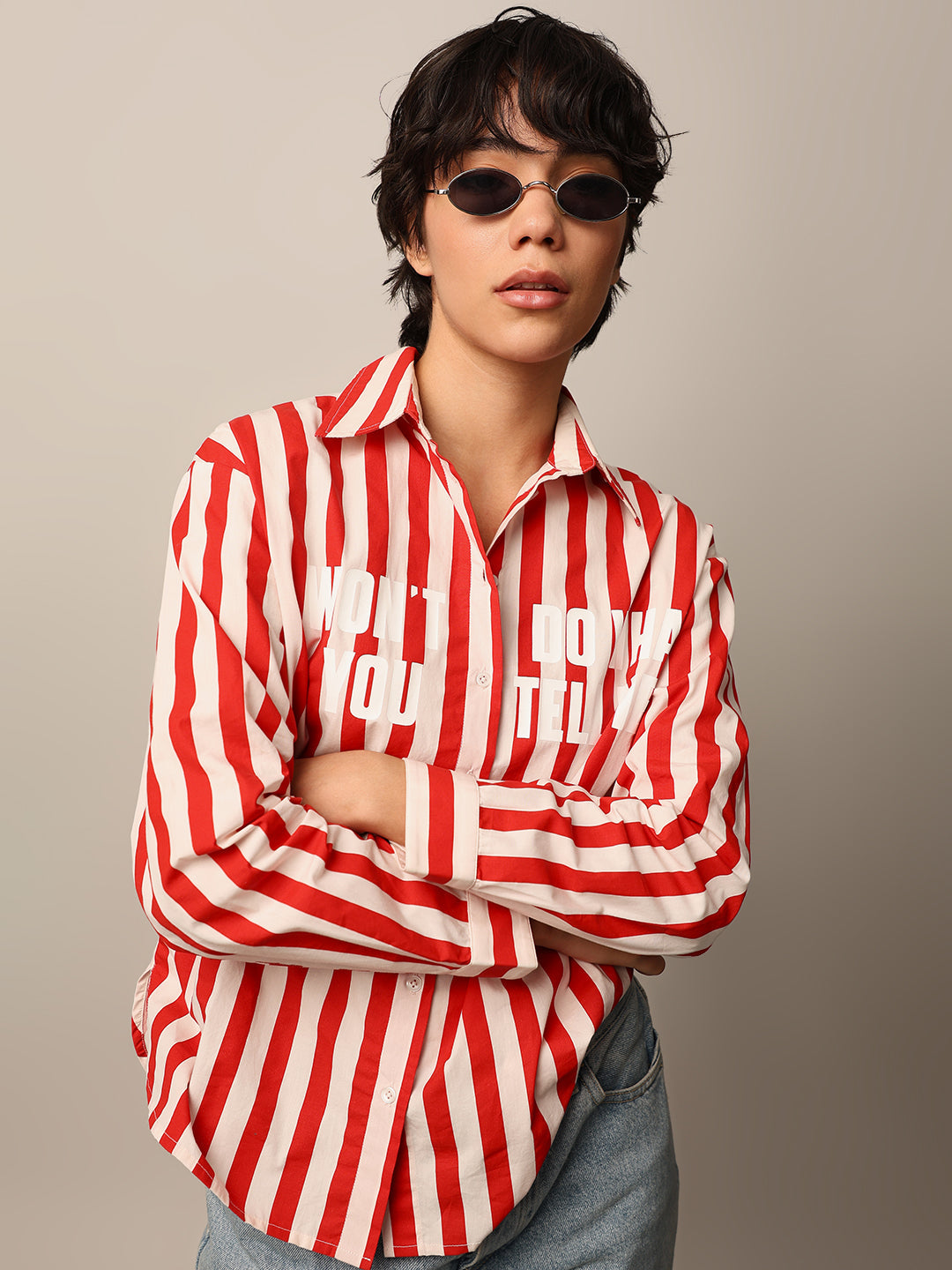 Slogan Print Striped Shirt
