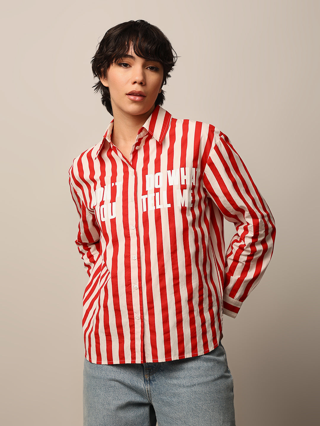 Slogan Print Striped Shirt