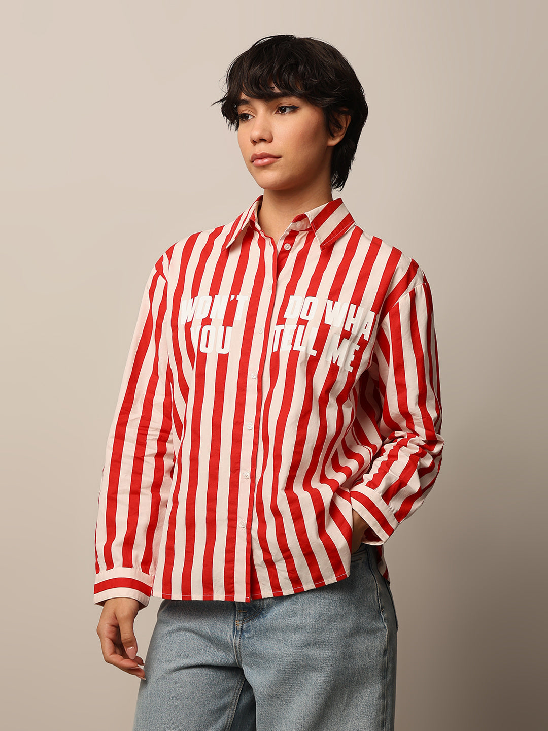 Slogan Print Striped Shirt