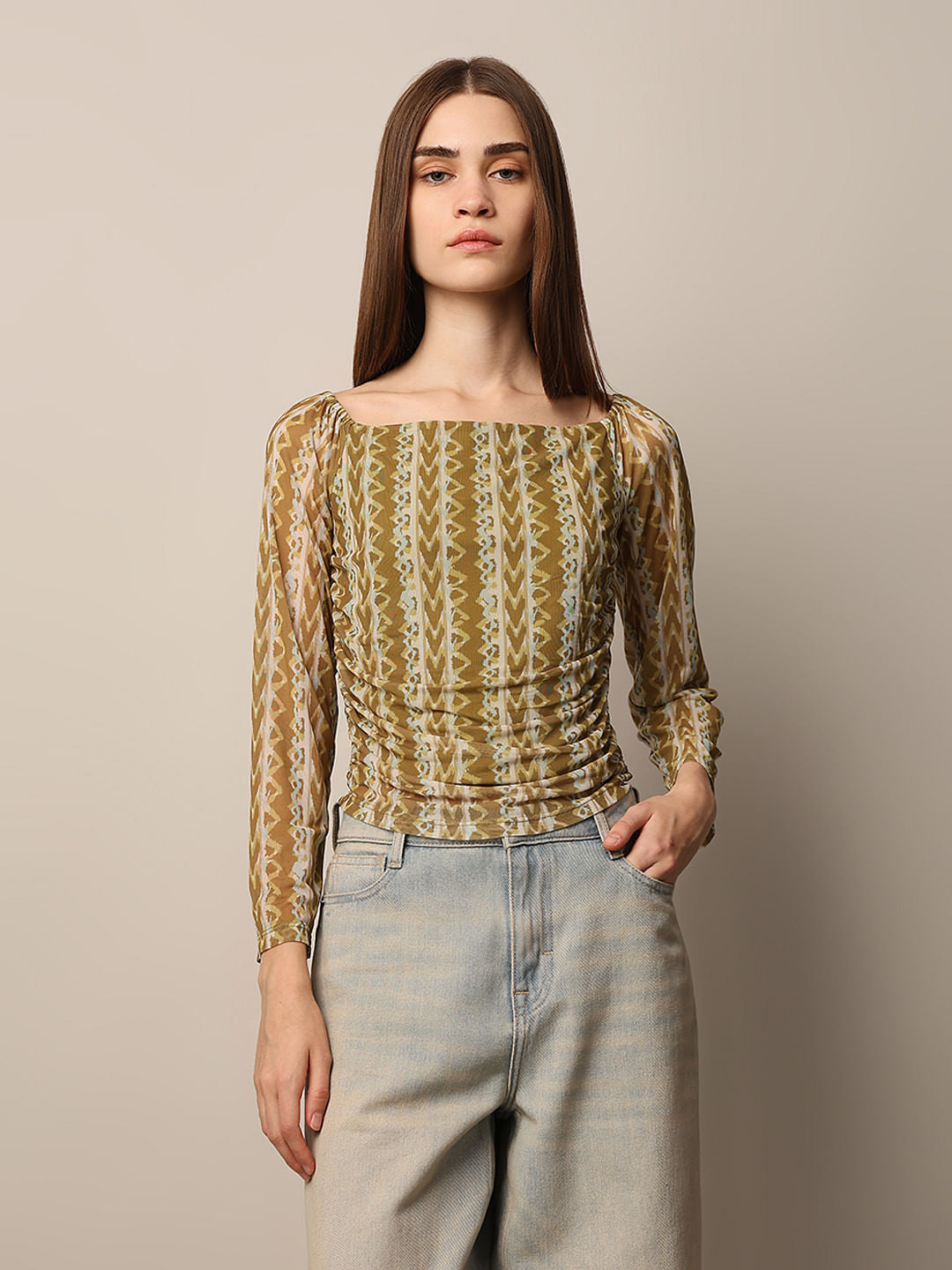 Green Printed Mesh Top