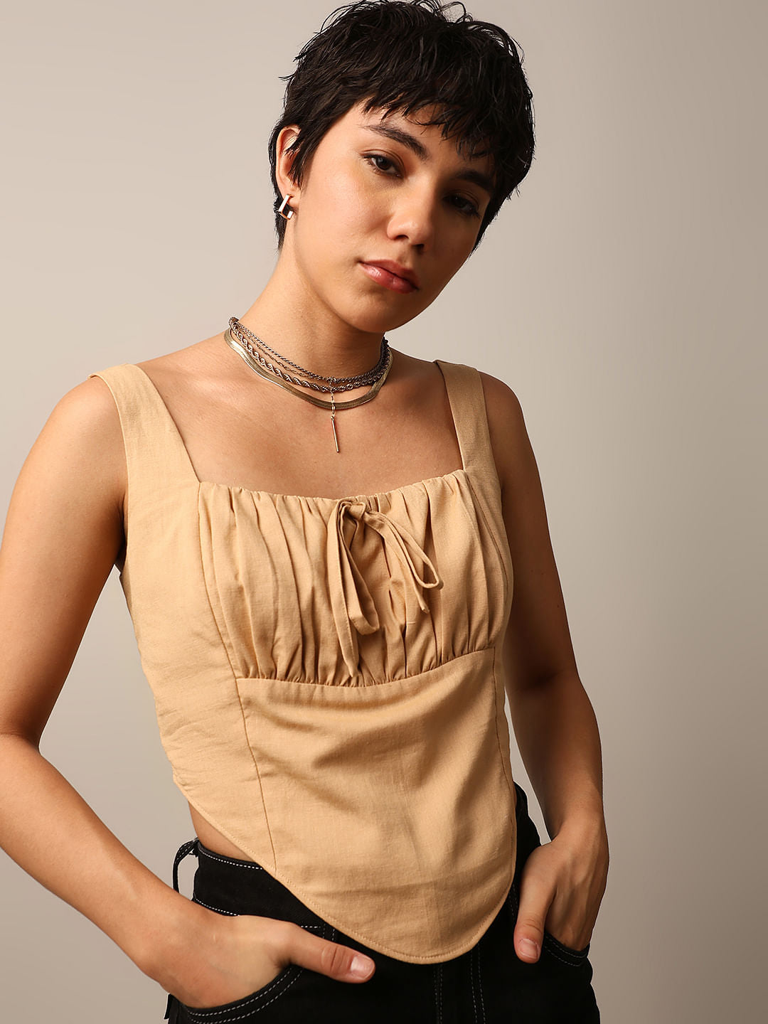 Beige Fitted Short Corset Top