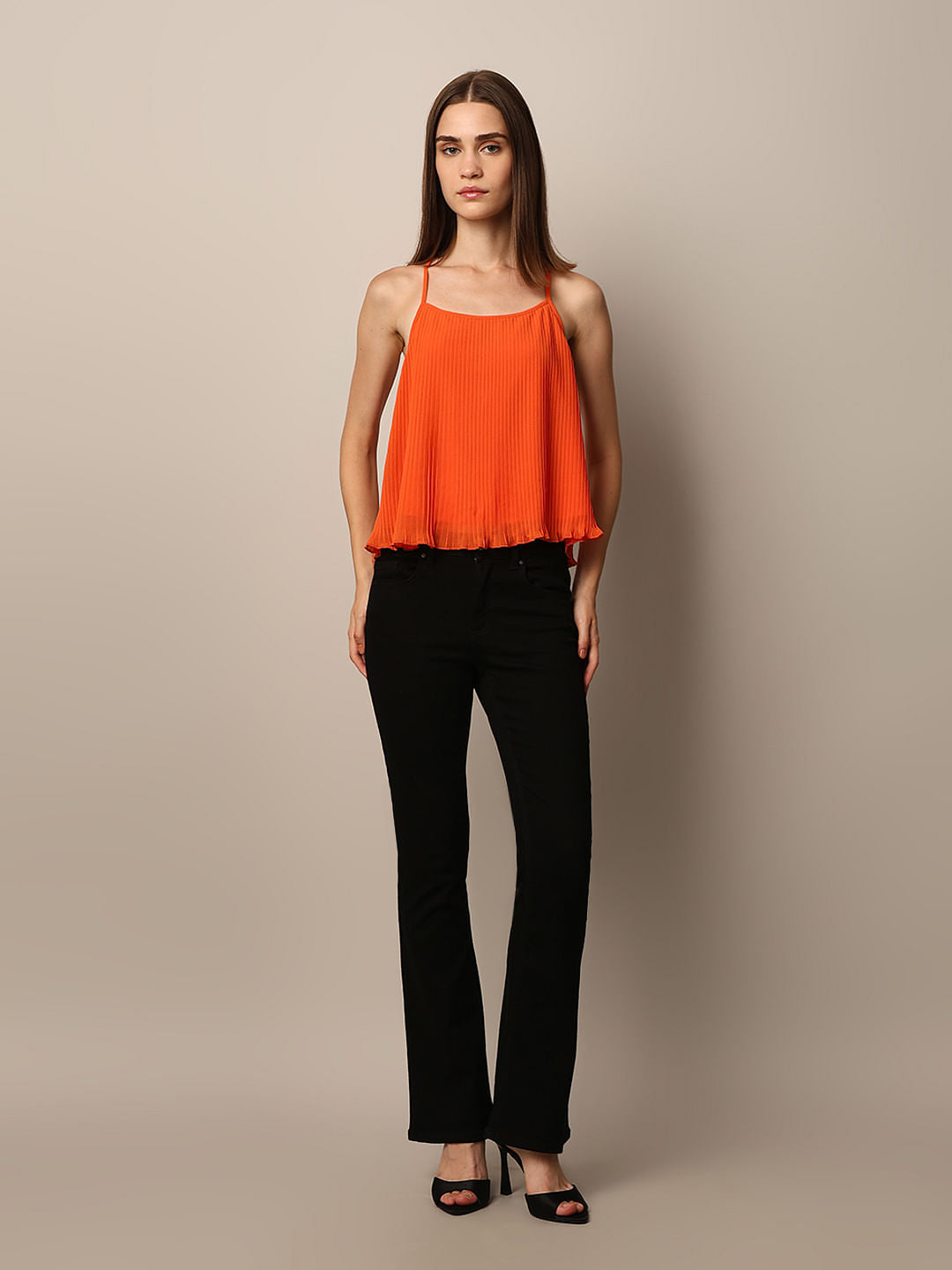 Orange Pleated Strappy Top
