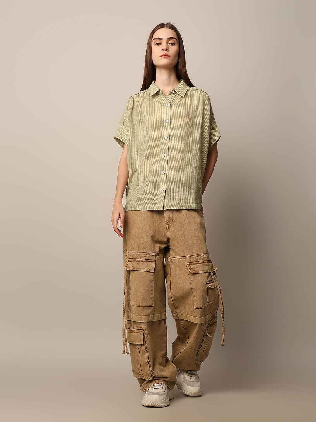 Green Striped Oversized Cotton Shirt