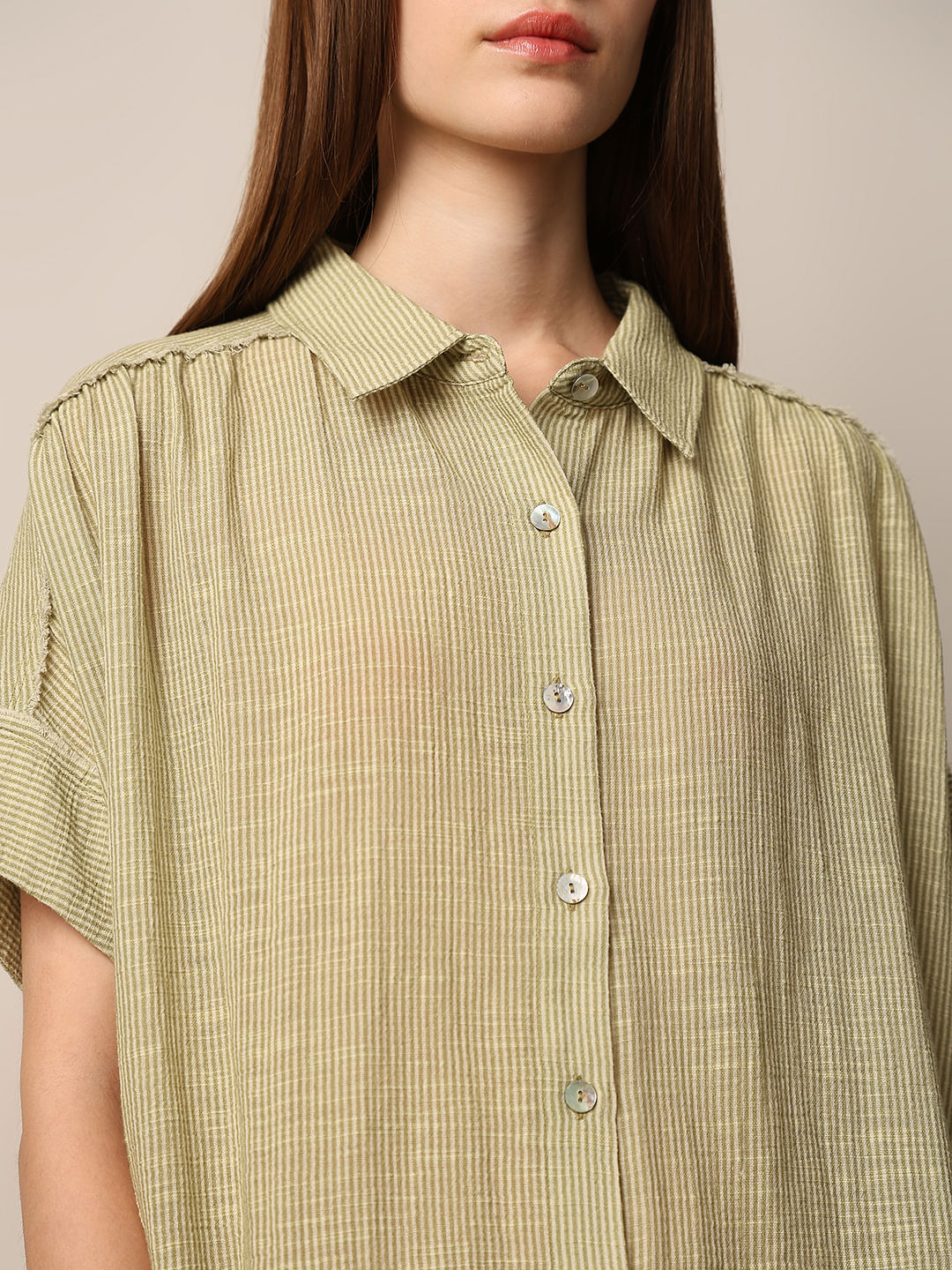 Green Striped Oversized Cotton Shirt