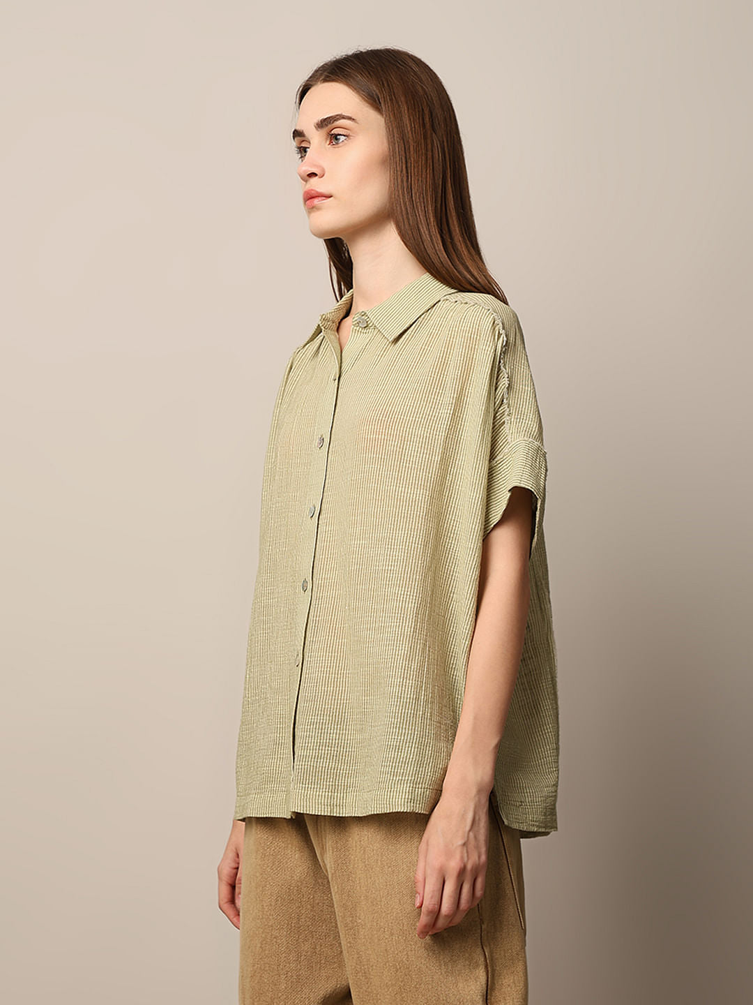 Green Striped Oversized Cotton Shirt