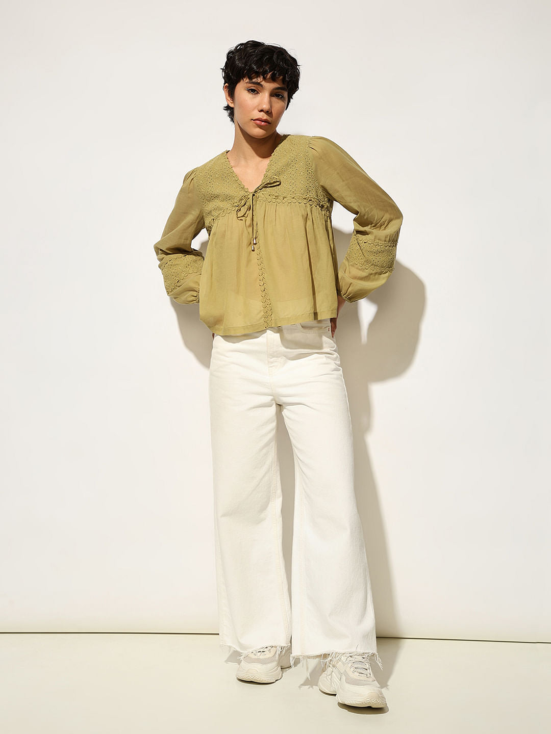 Green Tie Detail Cotton Top