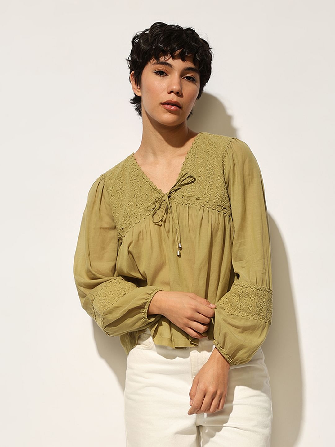 Green Tie Detail Cotton Top