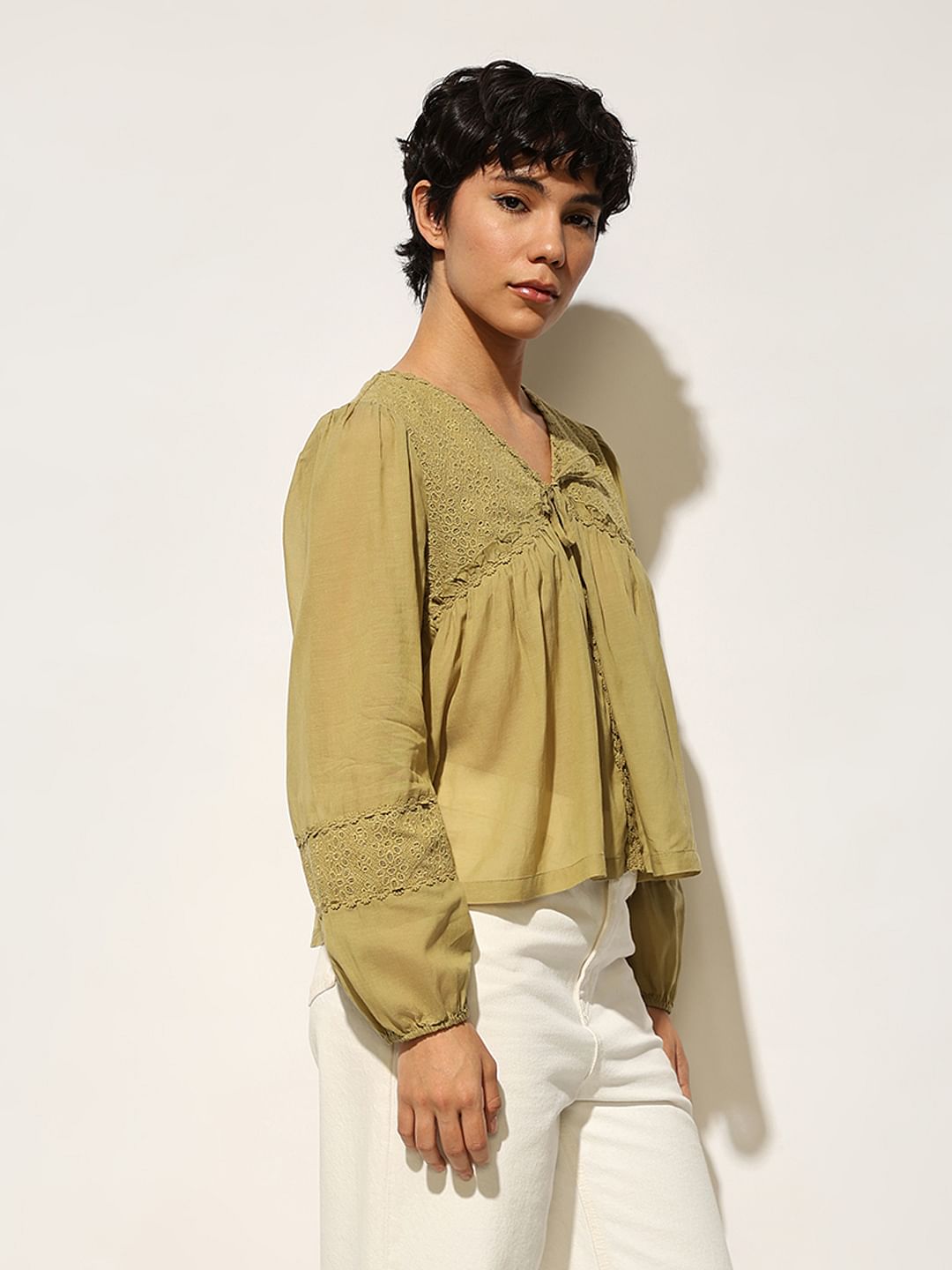 Green Tie Detail Cotton Top