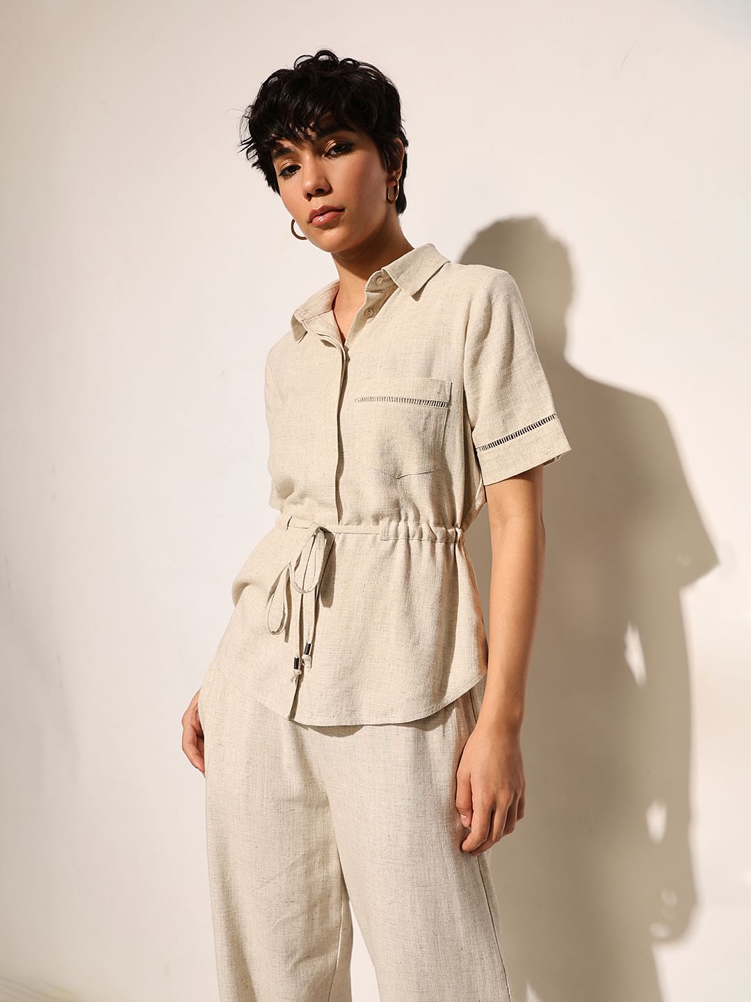 Beige Co-Ord Set Long Shirt - XS
