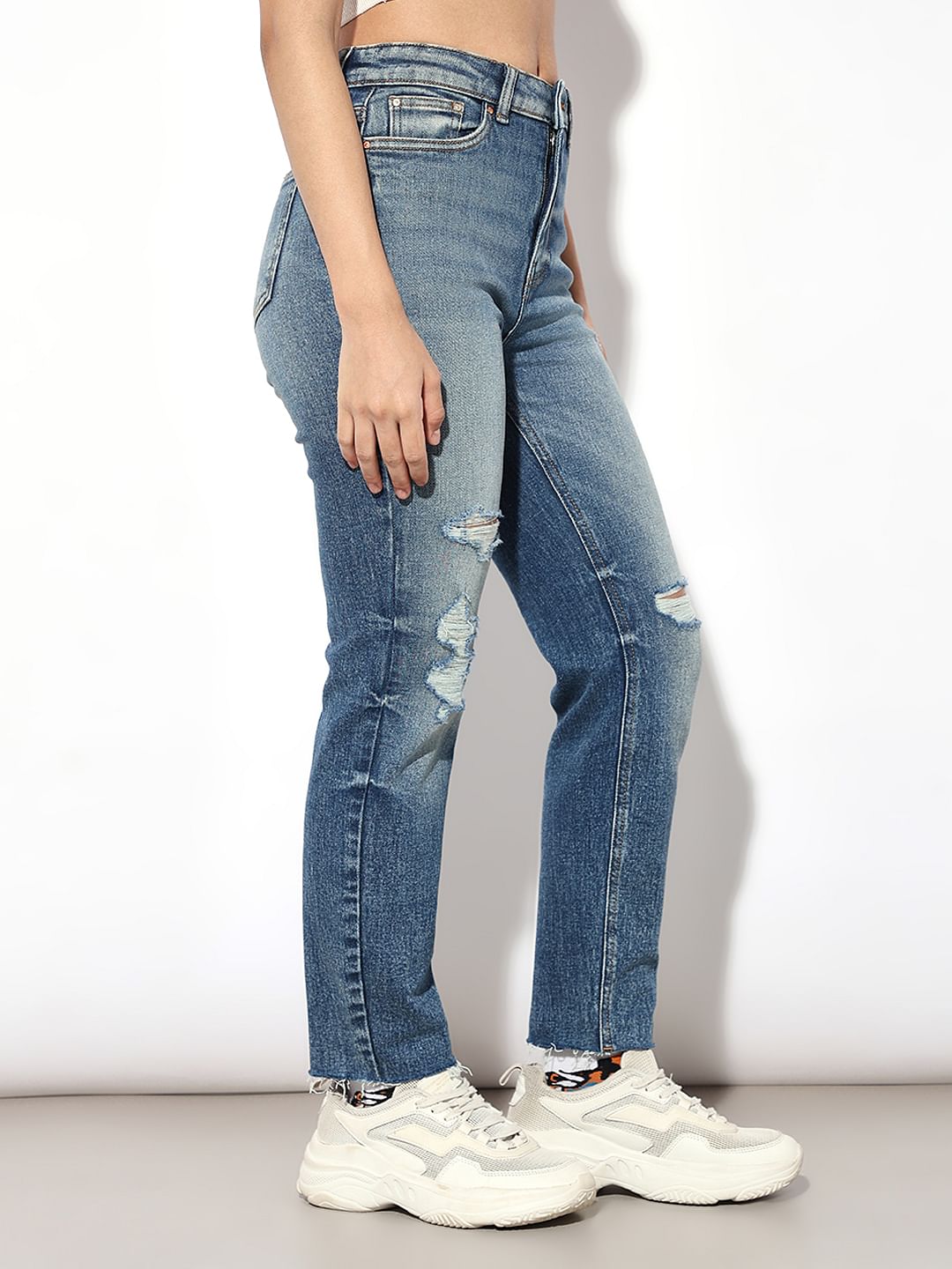 Blue High Rise Distressed Jeans