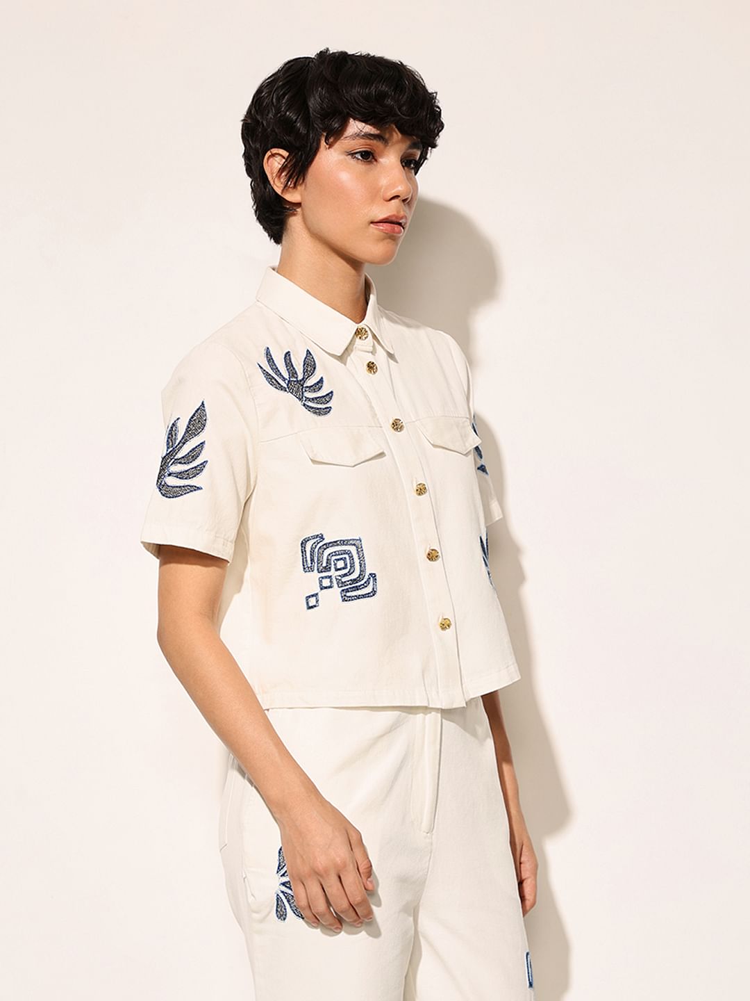 White Embroidered Cropped Shirt