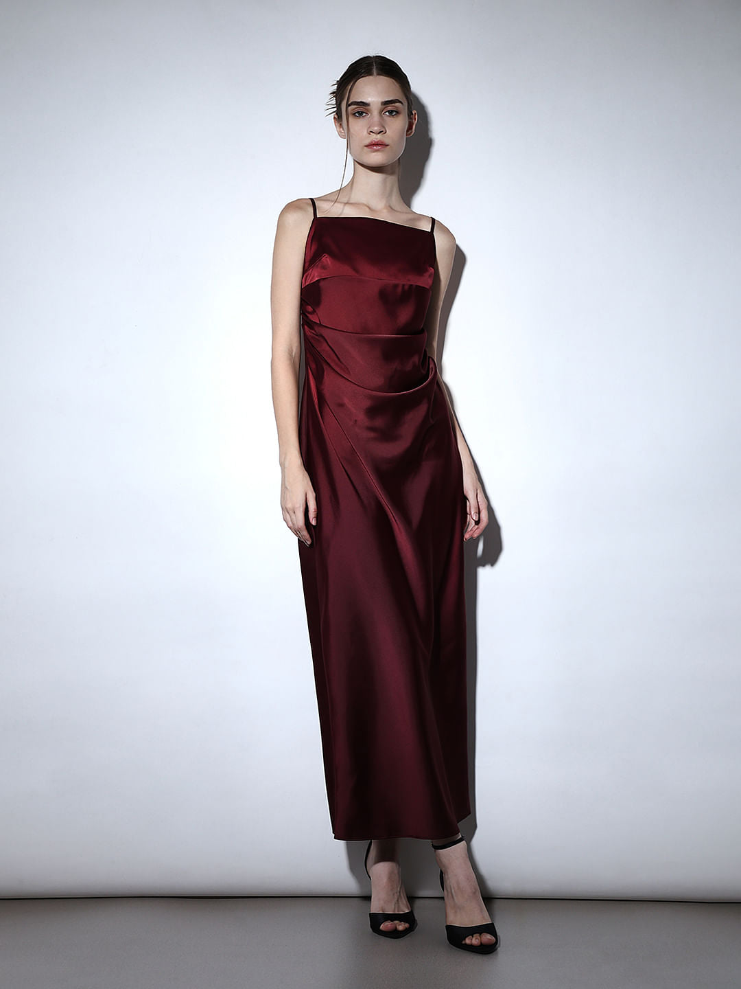 Maroon Satin Strappy Maxi Dress