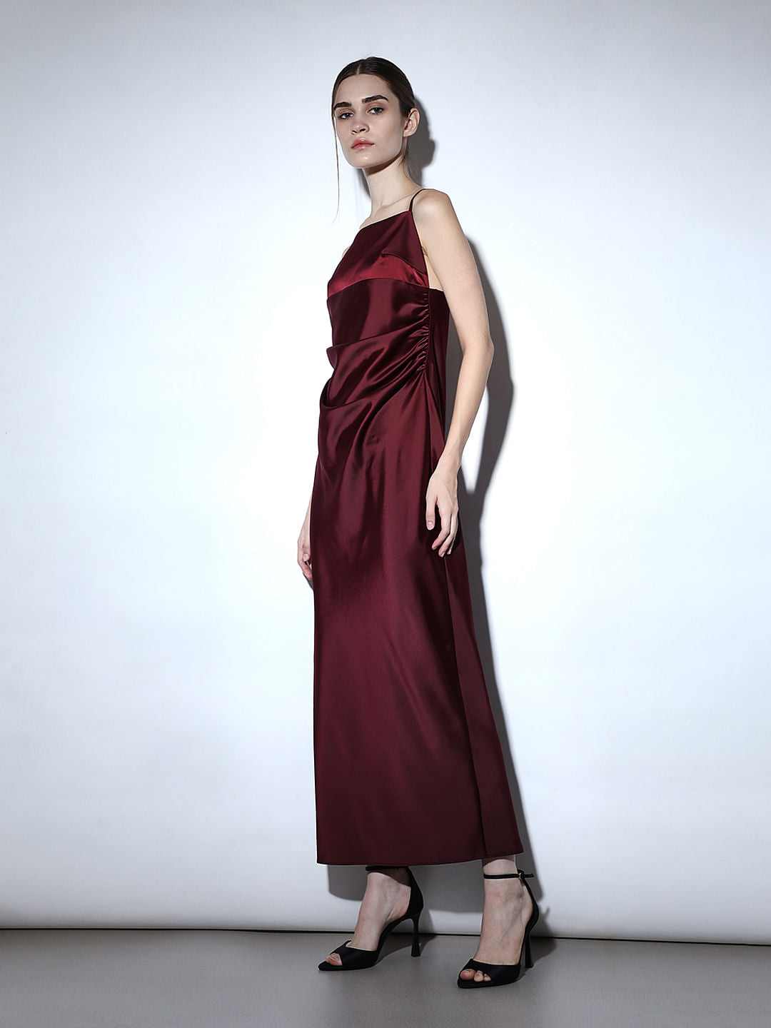 Maroon Satin Strappy Maxi Dress