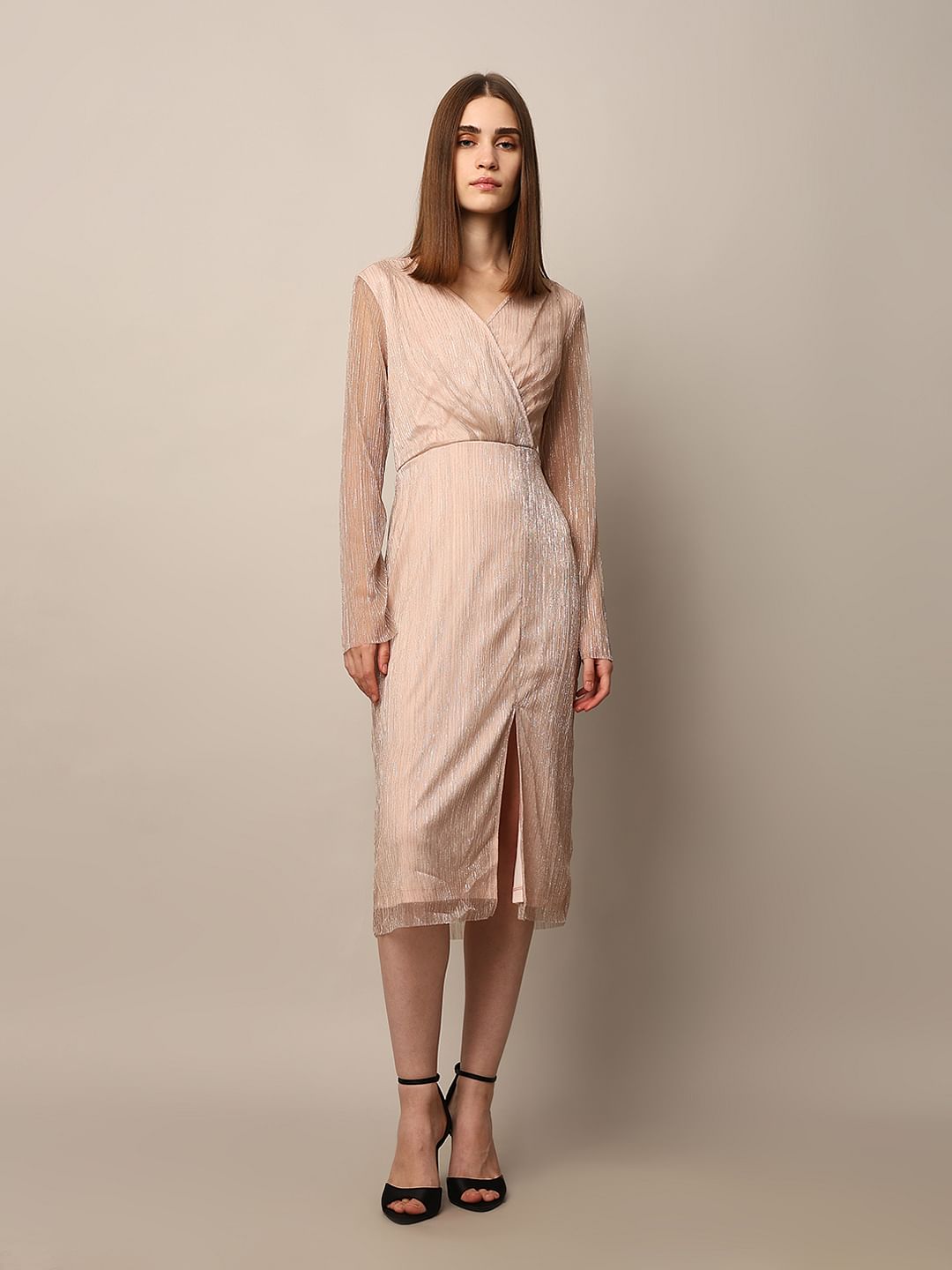 Peach Pink V-Neck Midi Dress
