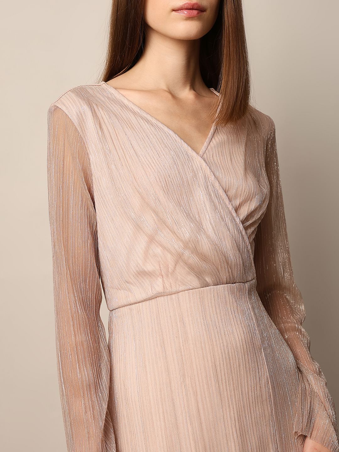 Peach Pink V-Neck Midi Dress