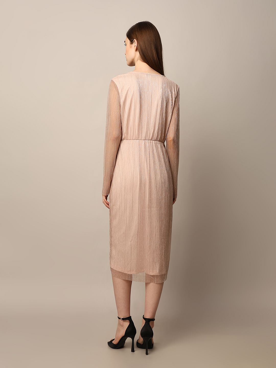 Peach Pink V-Neck Midi Dress
