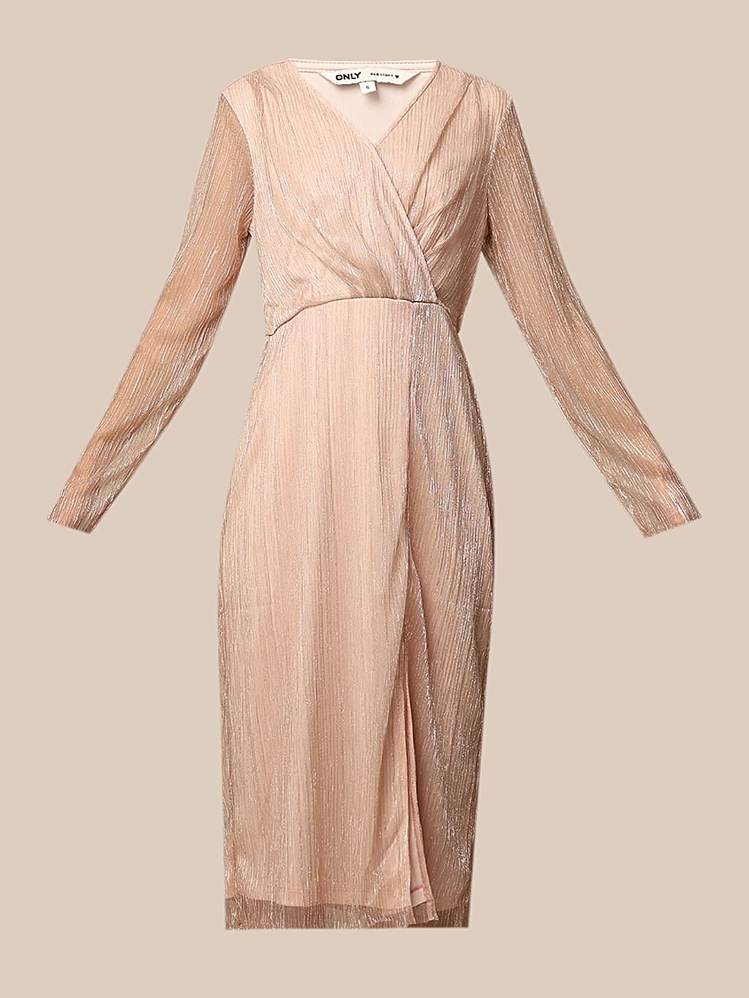 Peach Pink V-Neck Midi Dress