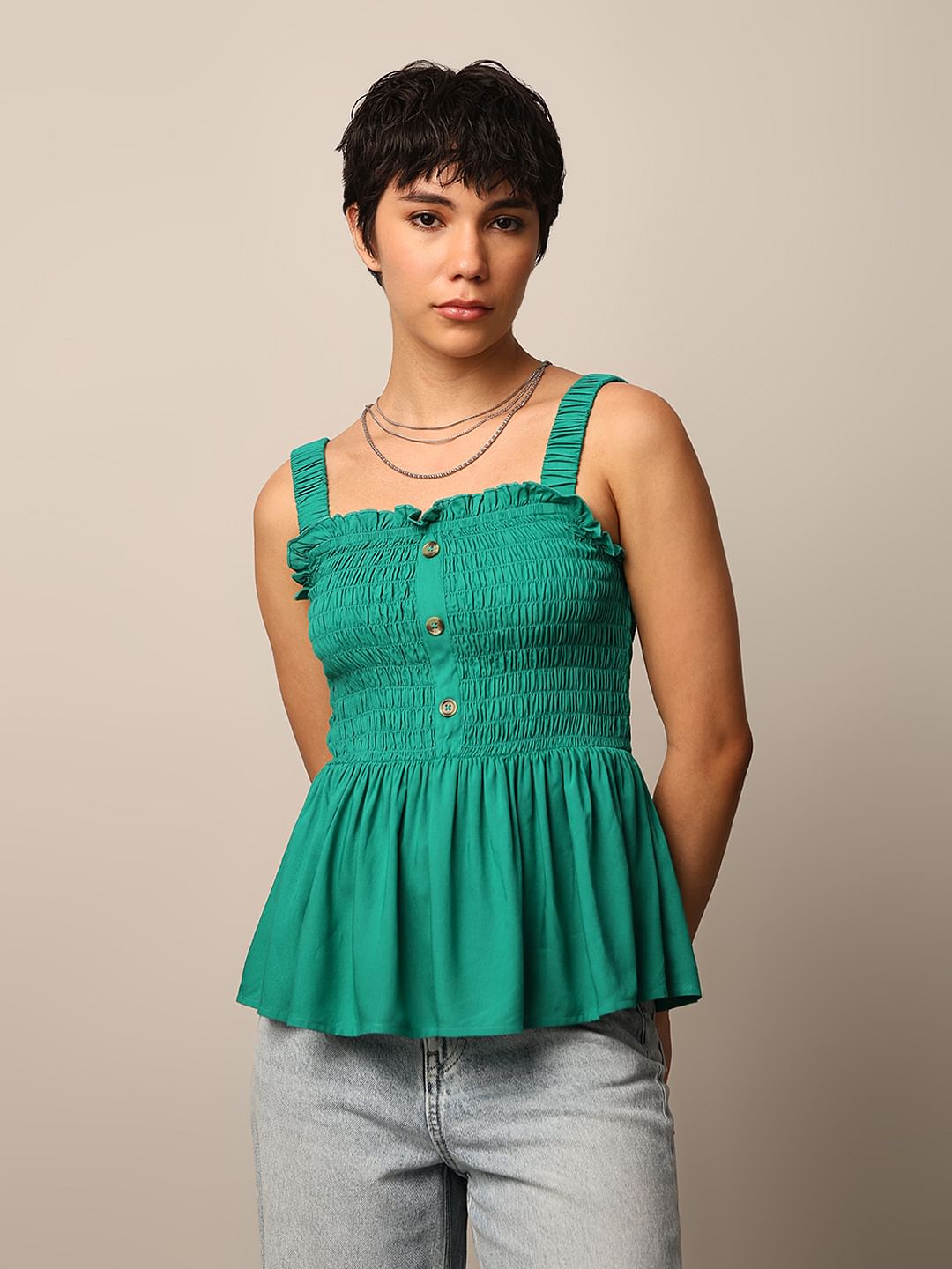 Green Smocked Peplum Top