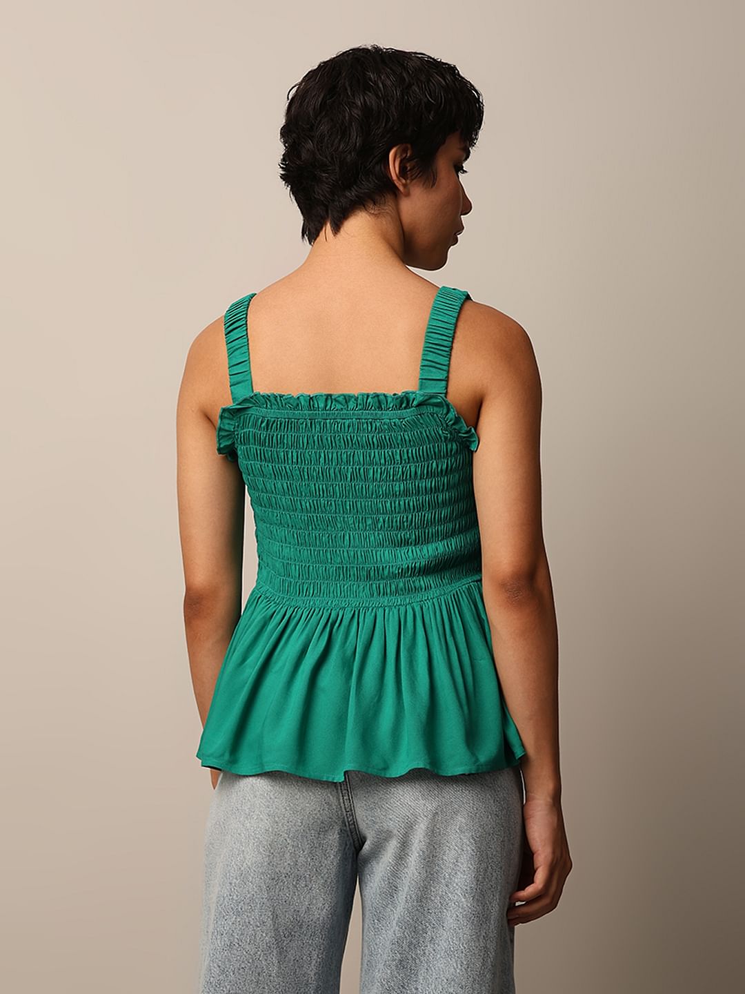 Green Smocked Peplum Top