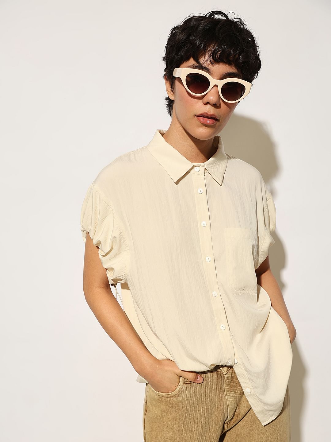 Beige Drawstring Detail Shirt