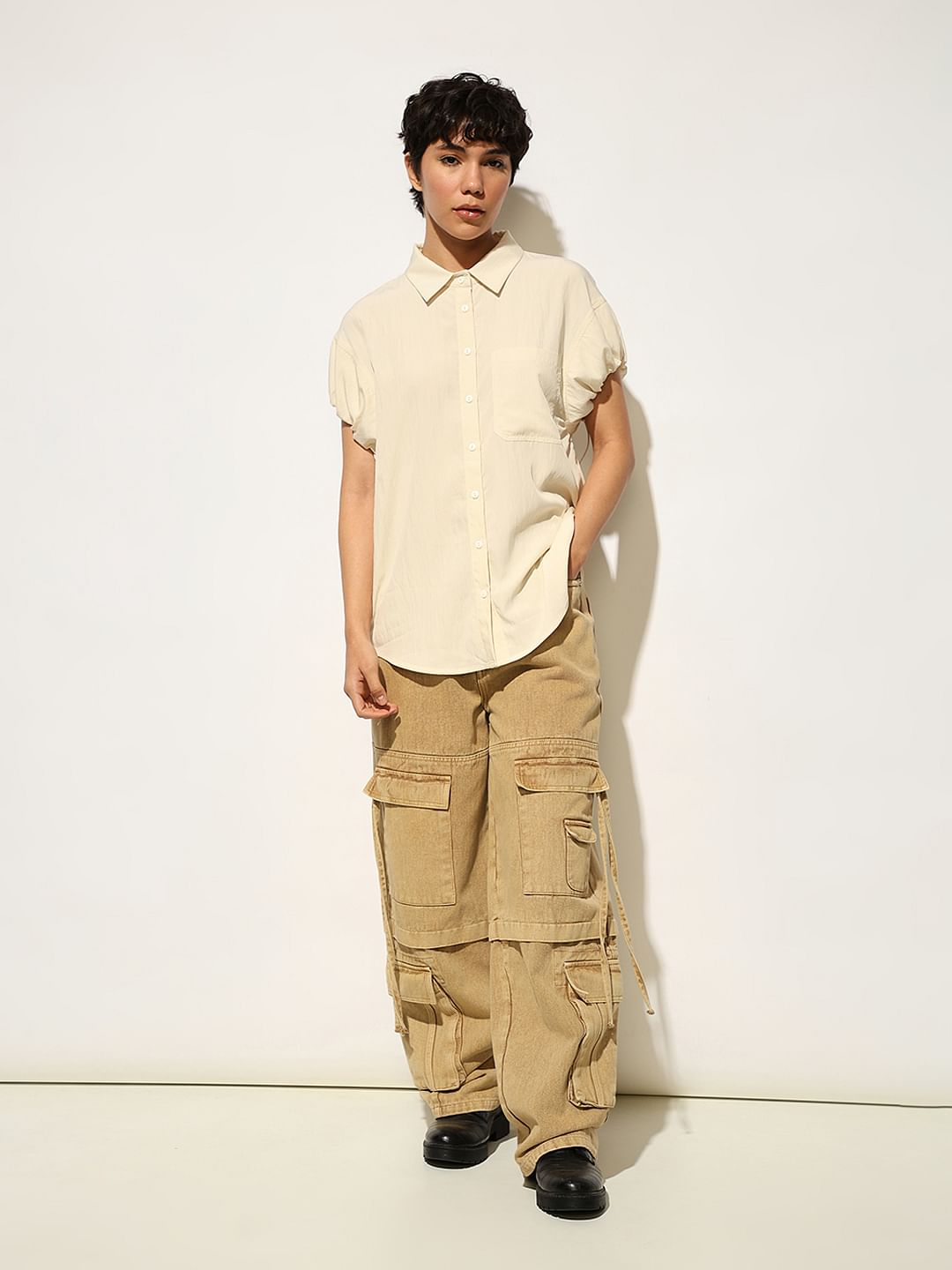 Beige Drawstring Detail Shirt