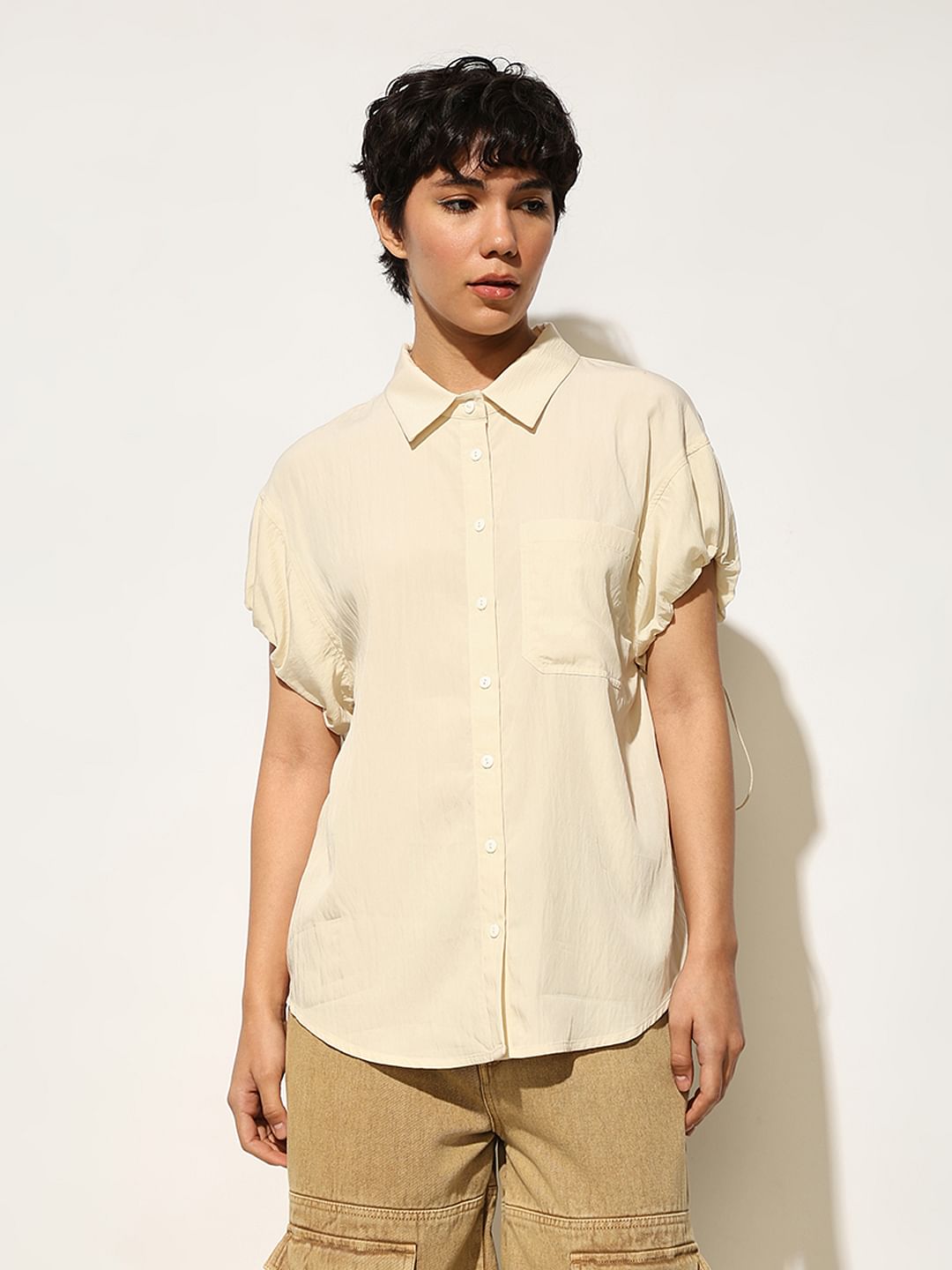 Beige Drawstring Detail Shirt