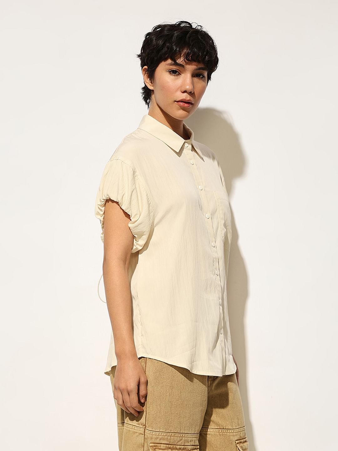 Beige Drawstring Detail Shirt