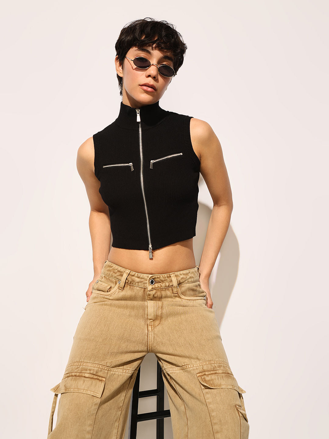 Black Zip Up Knit Top