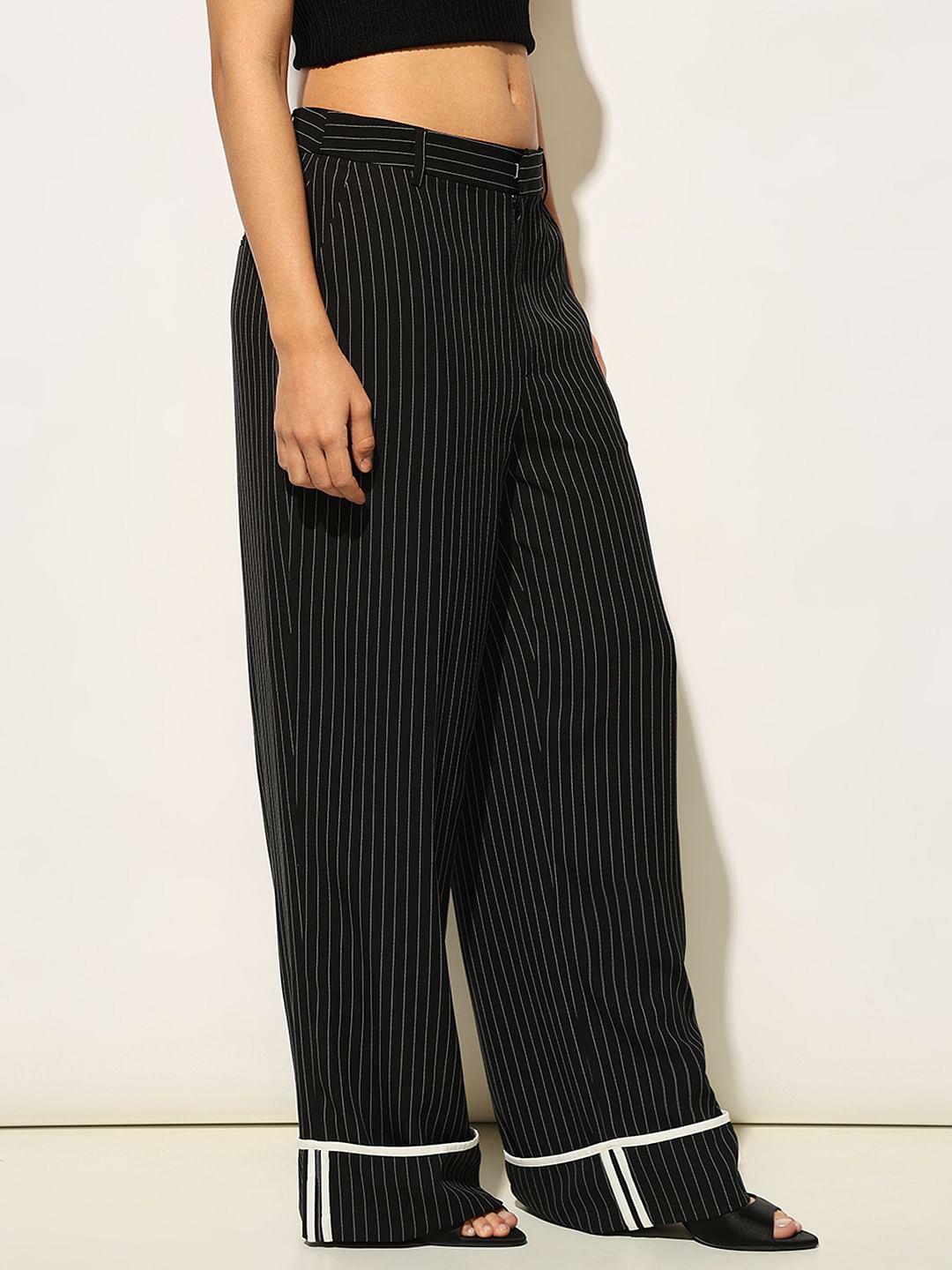 Black Striped Turn-Up Pants