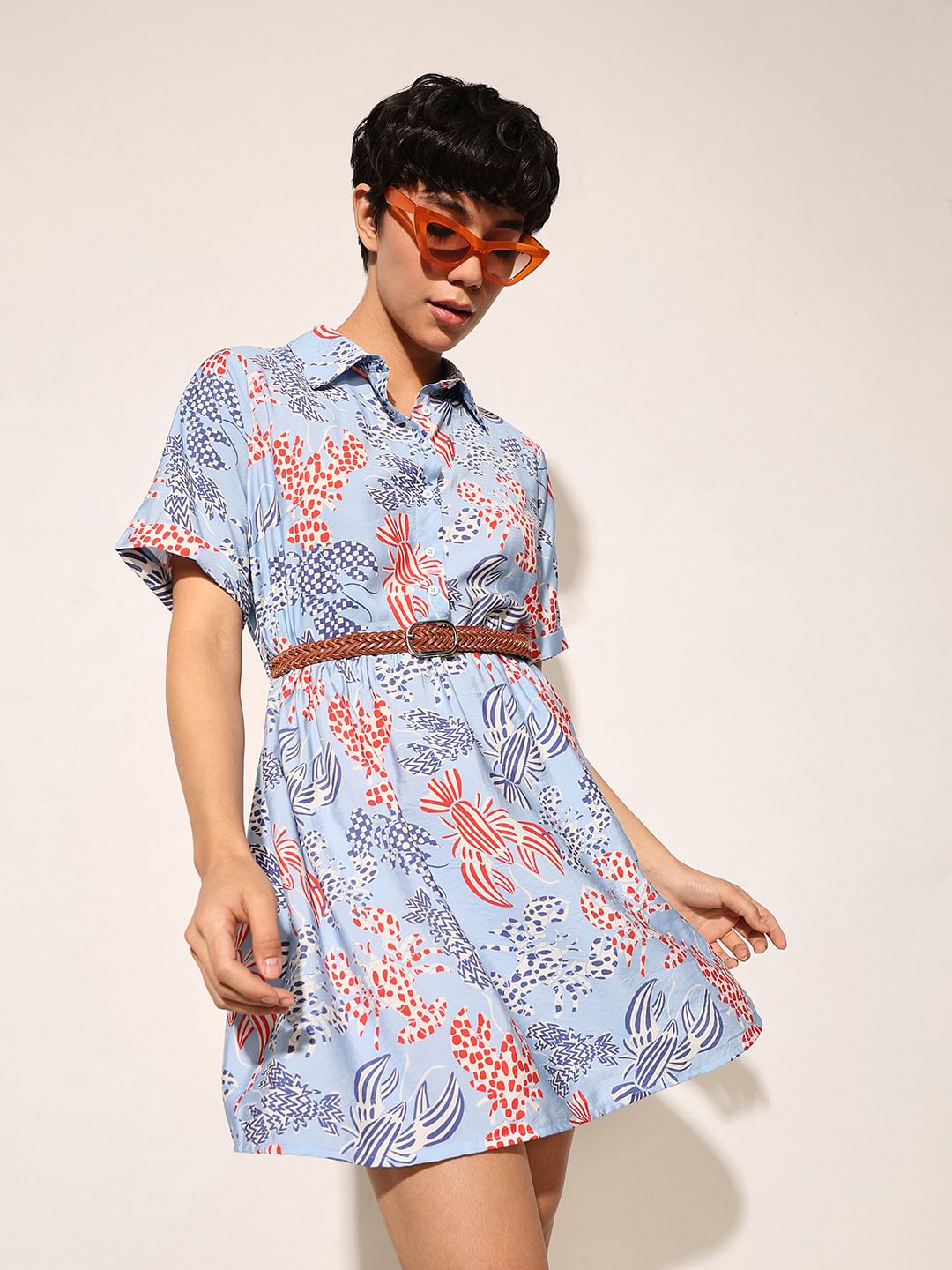 Blue Abstract Print Shirt Dress