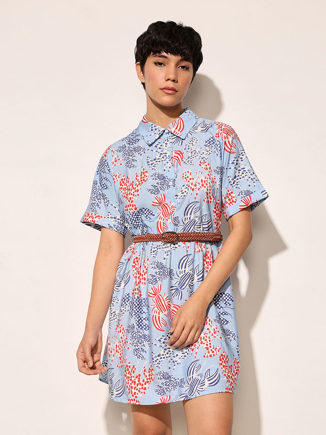 Blue Abstract Print Shirt Dress