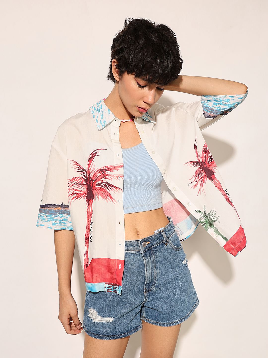 Beige Printed Short Sleeves Shirt