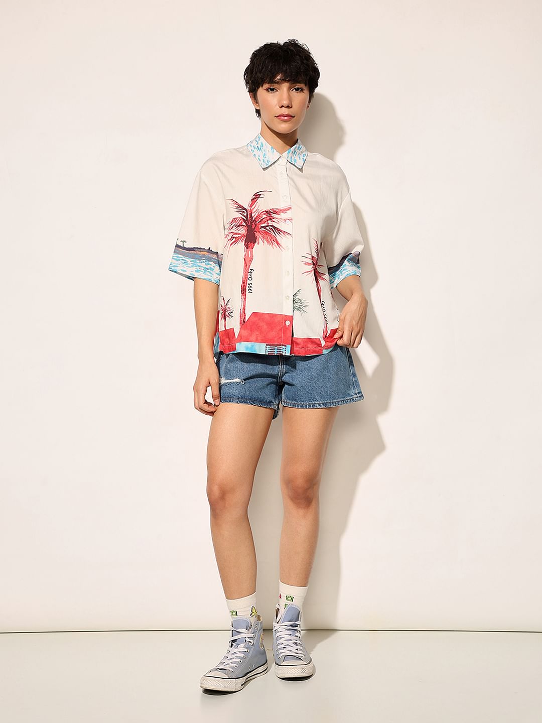 Beige Printed Short Sleeves Shirt