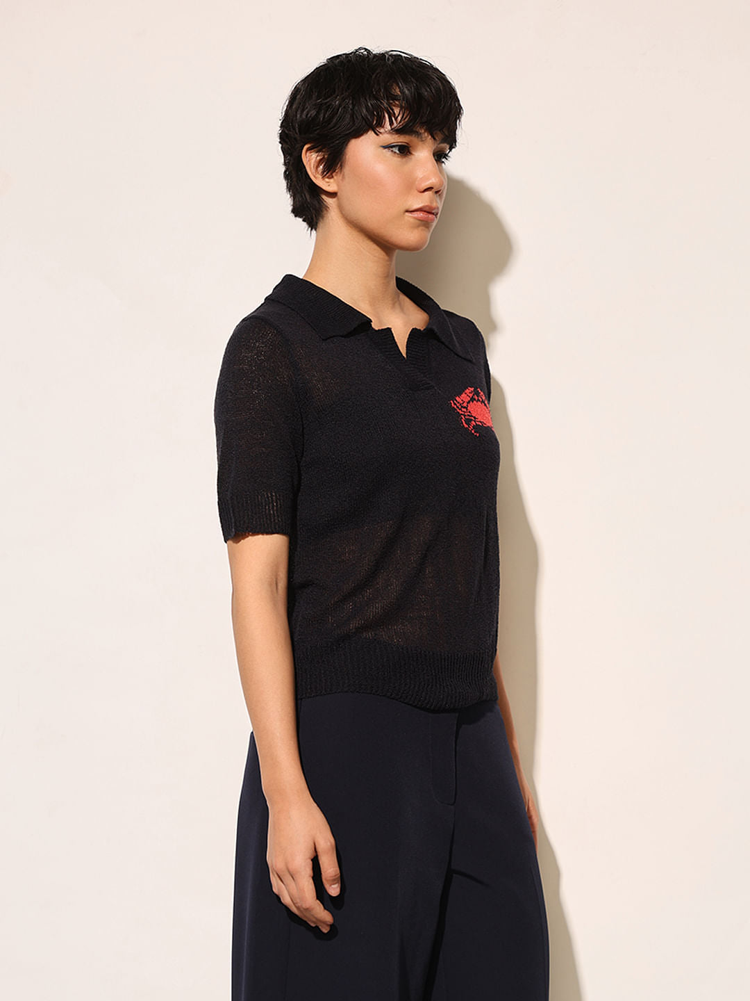 Dark Navy Knitted Sheer Polo