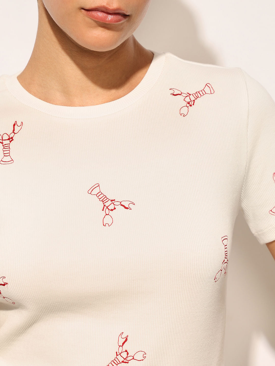 White Embroidered Ribbed T-Shirt