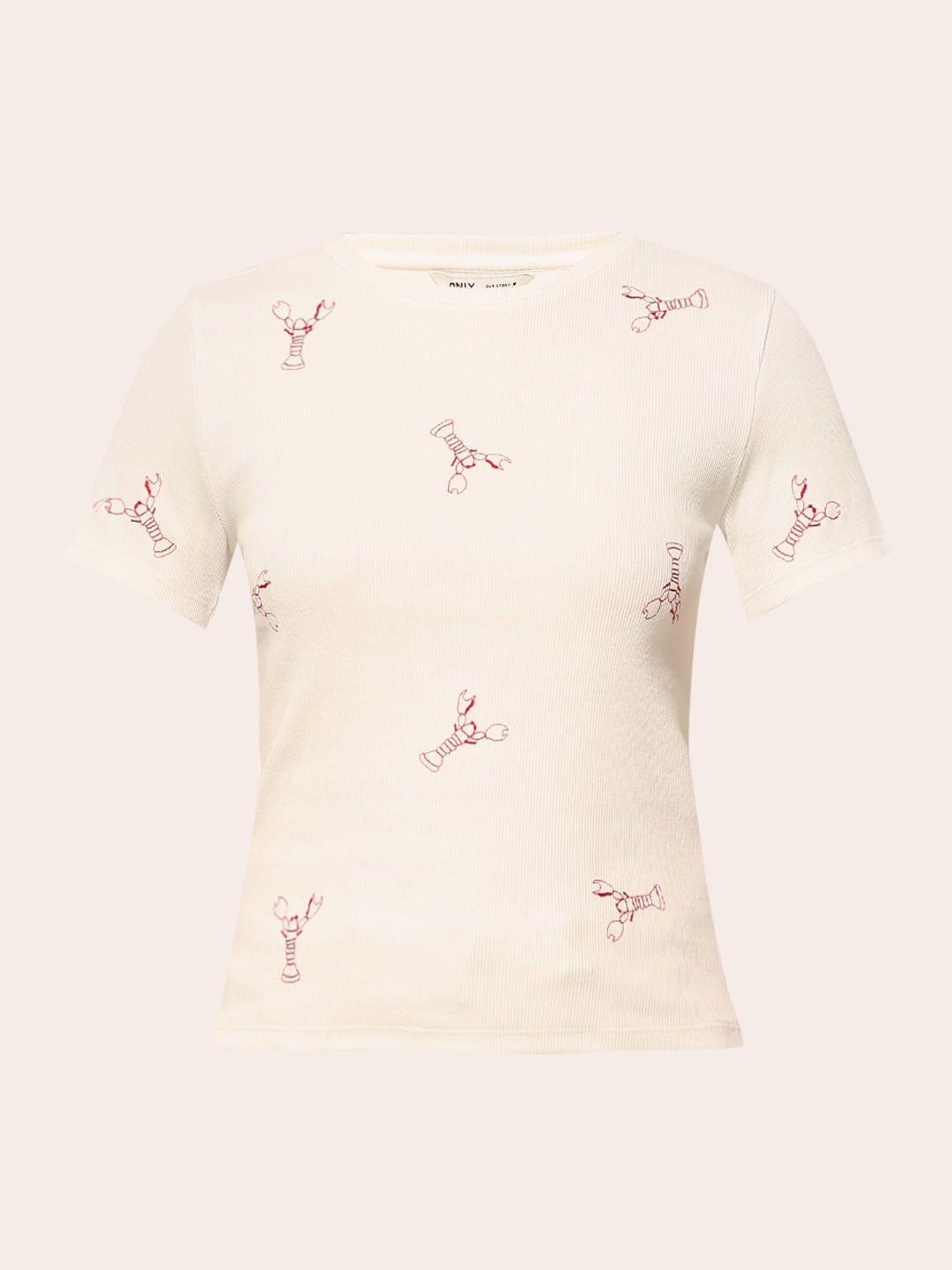 White Embroidered Ribbed T-Shirt