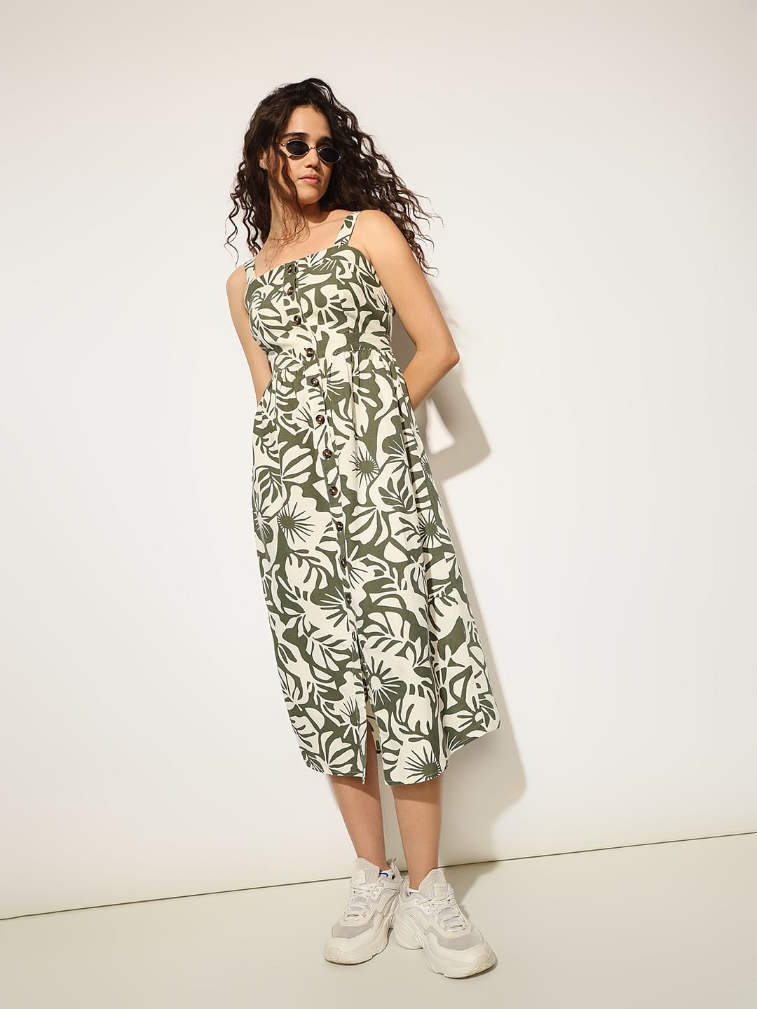 Olive Abstract Print Midi Dress - 34