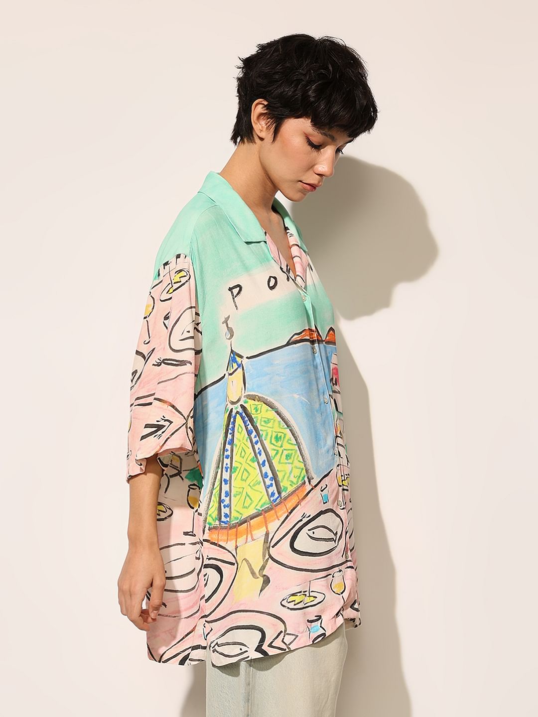 White Printed Oversized Shirt