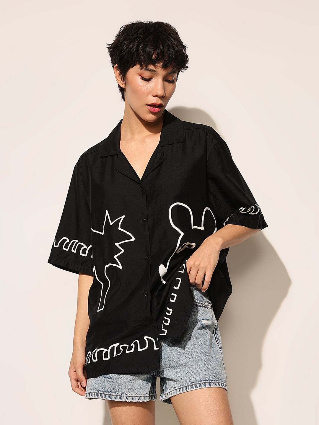 Black Printed Oversized Shirt