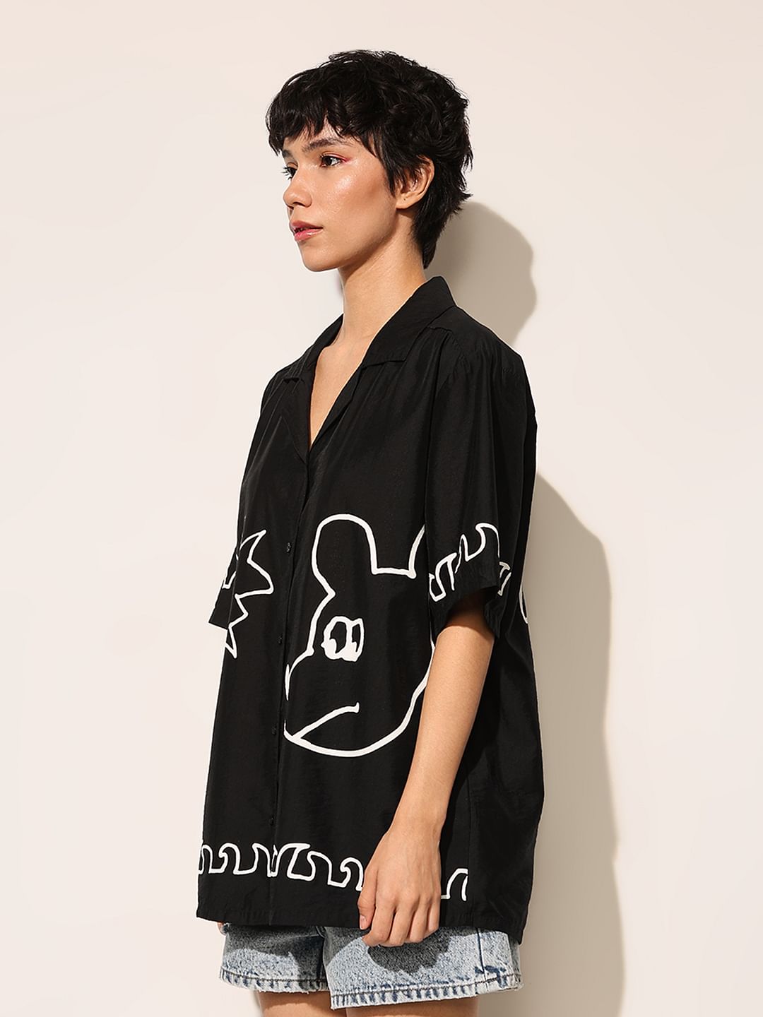 Black Printed Oversized Shirt