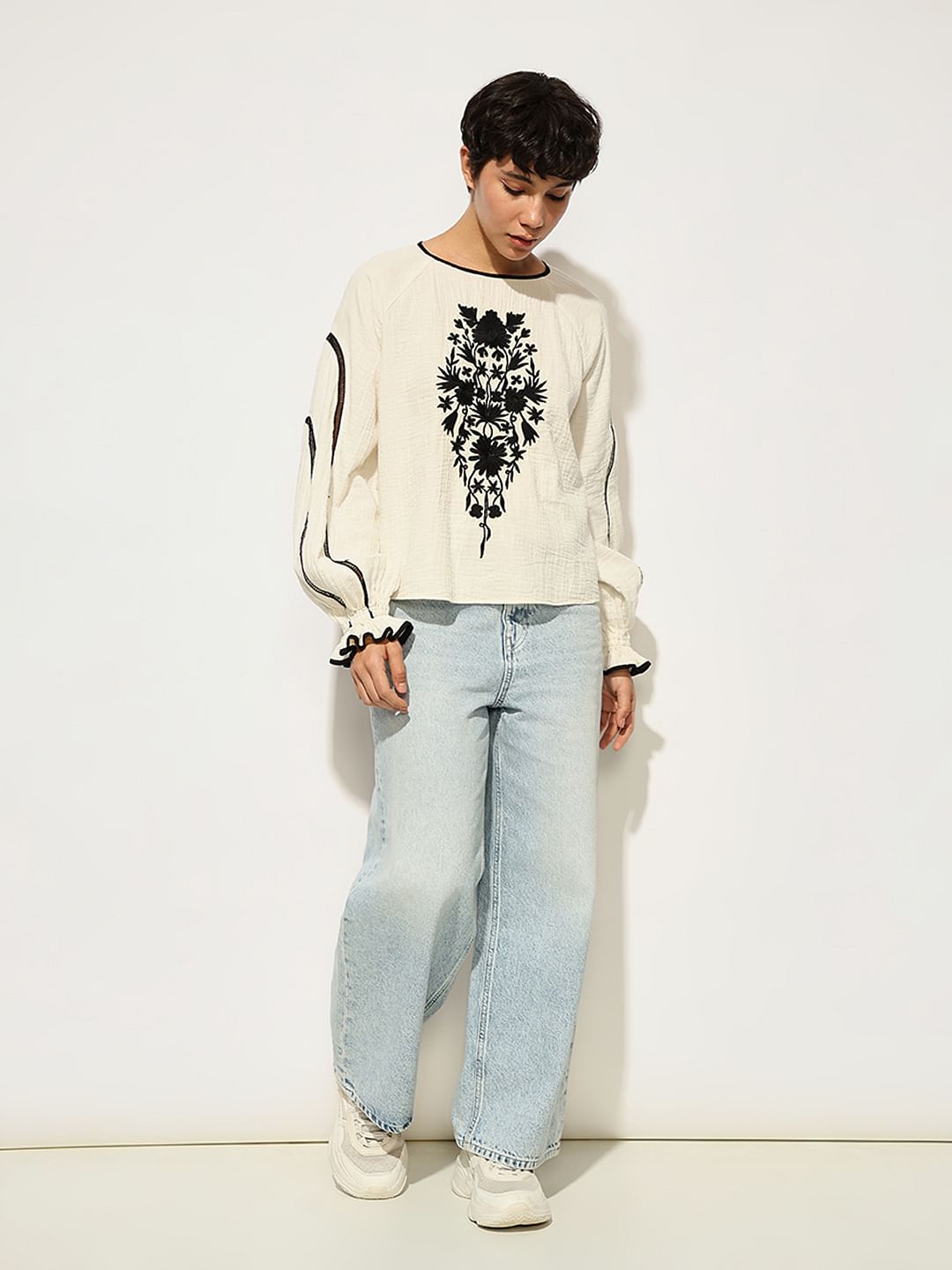 White Embroidered Loose Fit Top