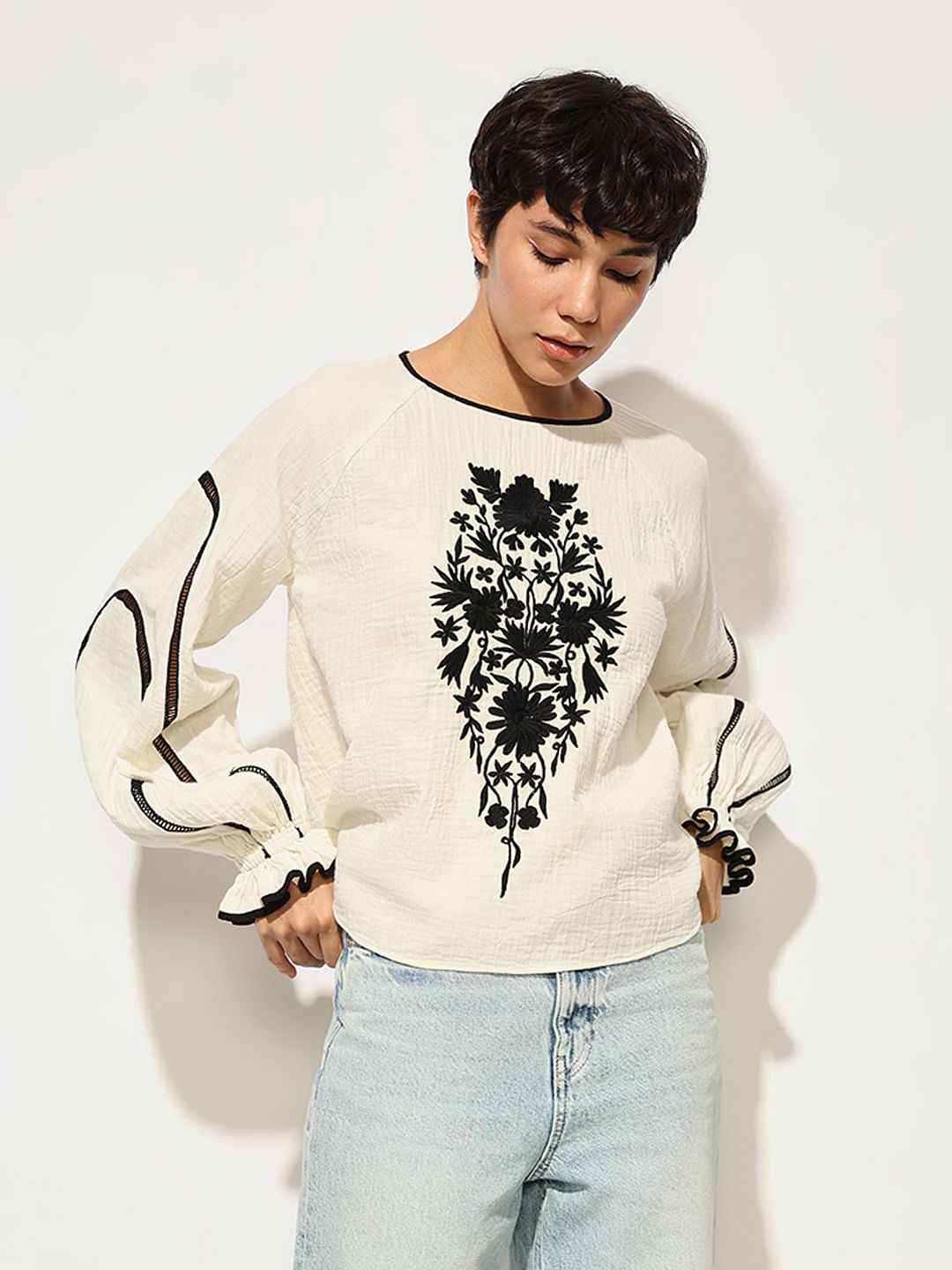 White Embroidered Loose Fit Top