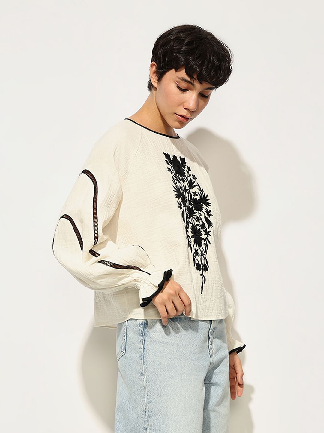 White Embroidered Loose Fit Top