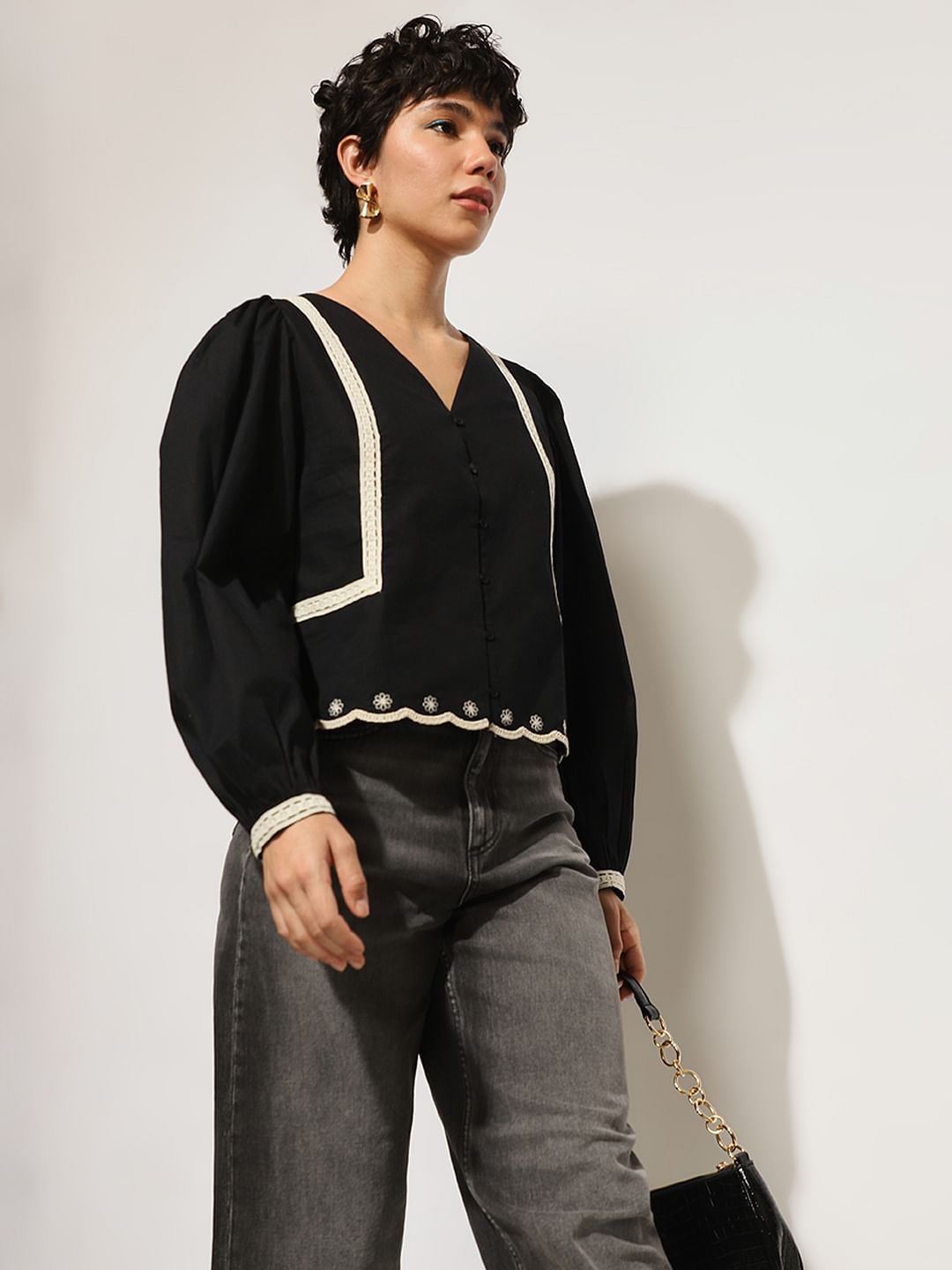 Black Lace Trim Cotton Top