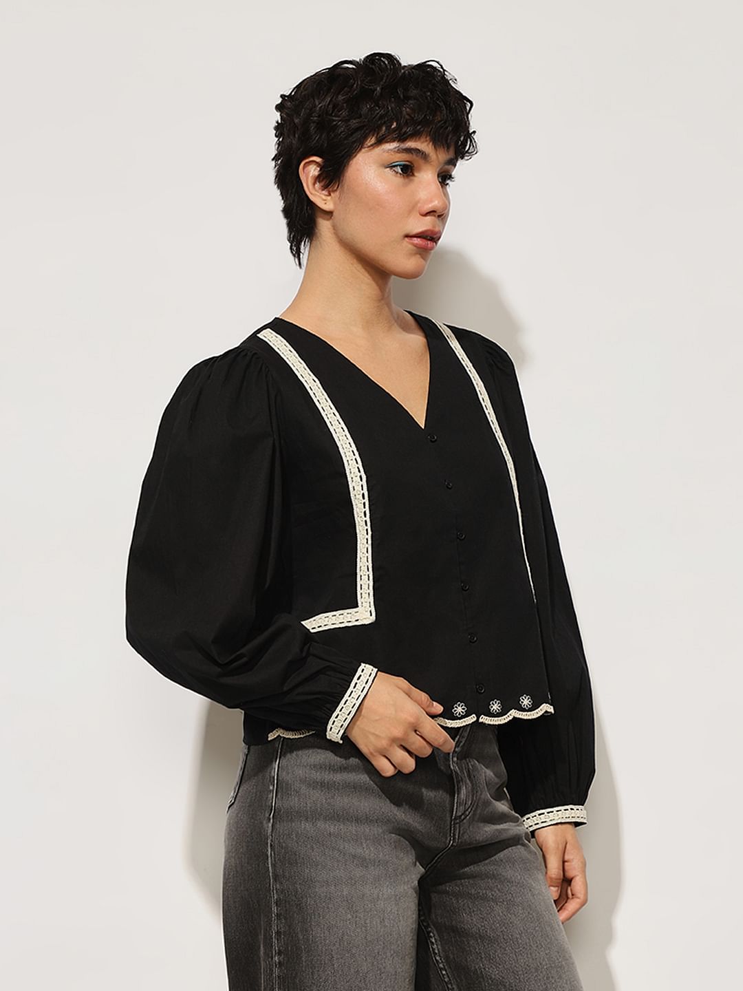 Black Lace Trim Cotton Top