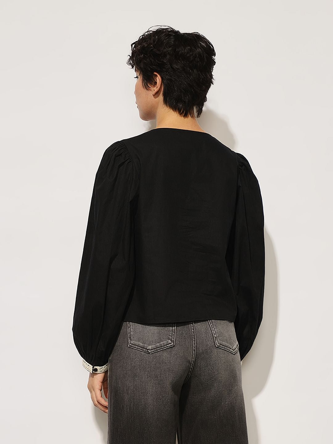 Black Lace Trim Cotton Top